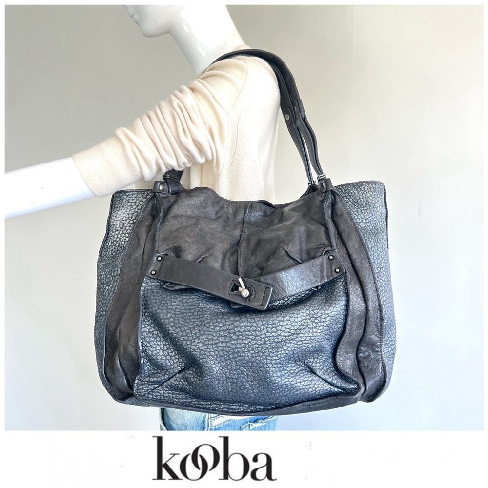 KOOBA Black Navy Snake Lizard Animal Print Leather Large Boho Shoulder Bag Tote